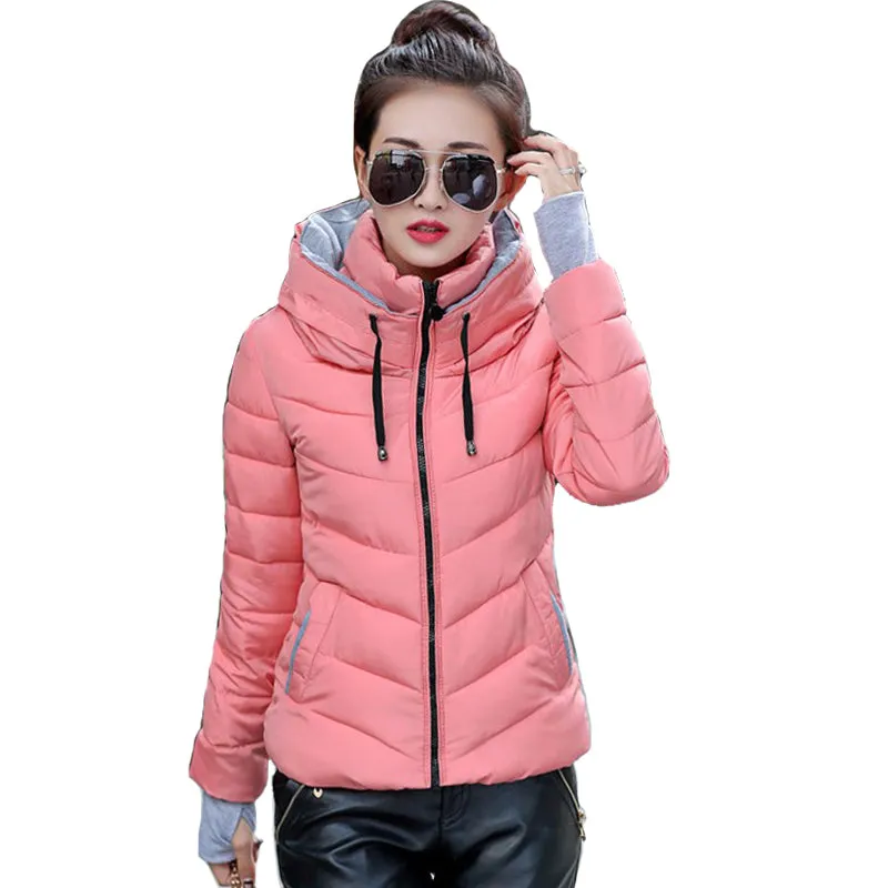 2018 hooded women winter jacket short cotton padded womens coat autumn casaco feminino inverno solid color parka stand collar