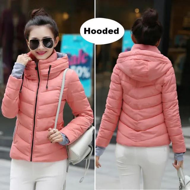 2018 hooded women winter jacket short cotton padded womens coat autumn casaco feminino inverno solid color parka stand collar