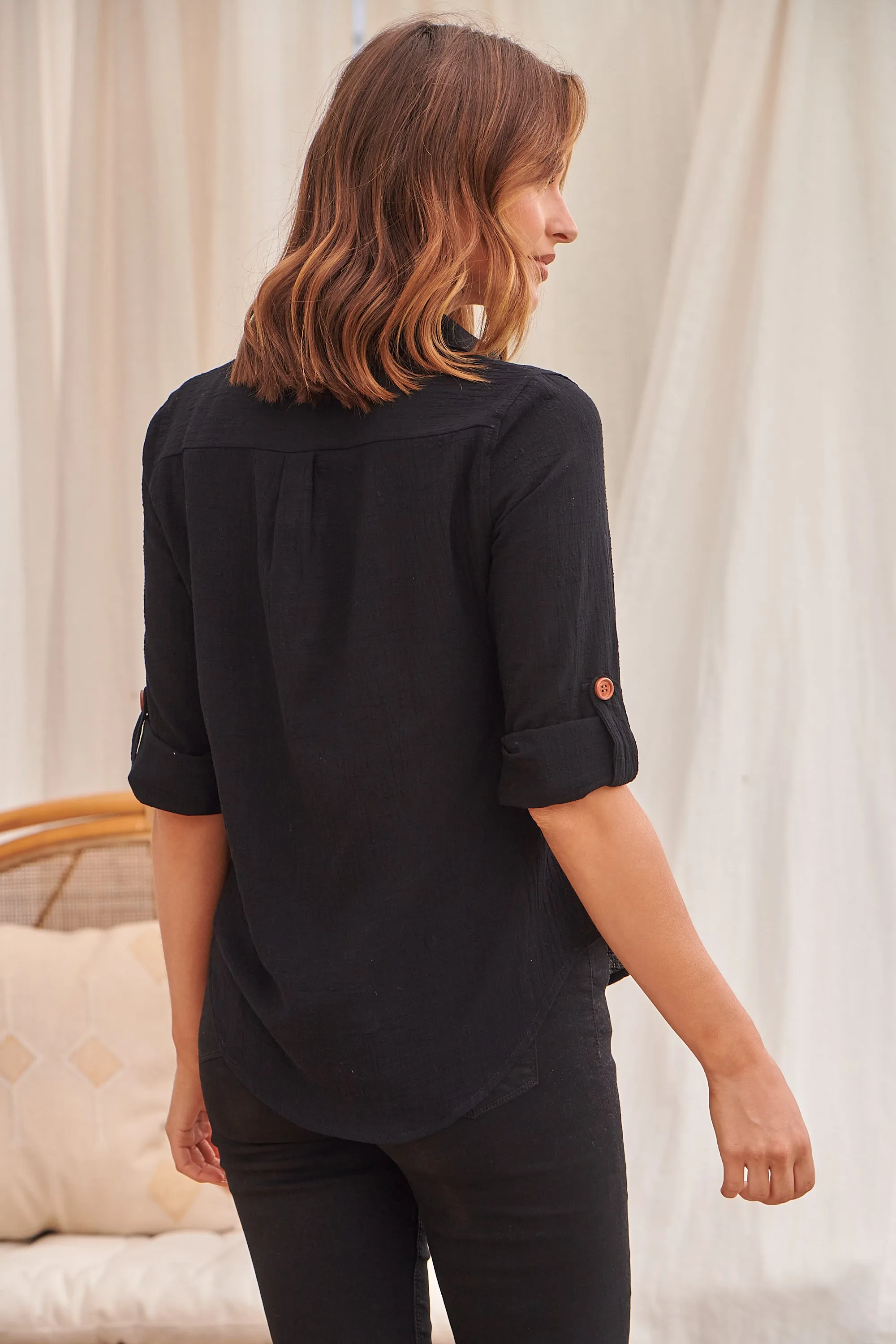 Gabriella Roll Up Sleeve Black Shirt