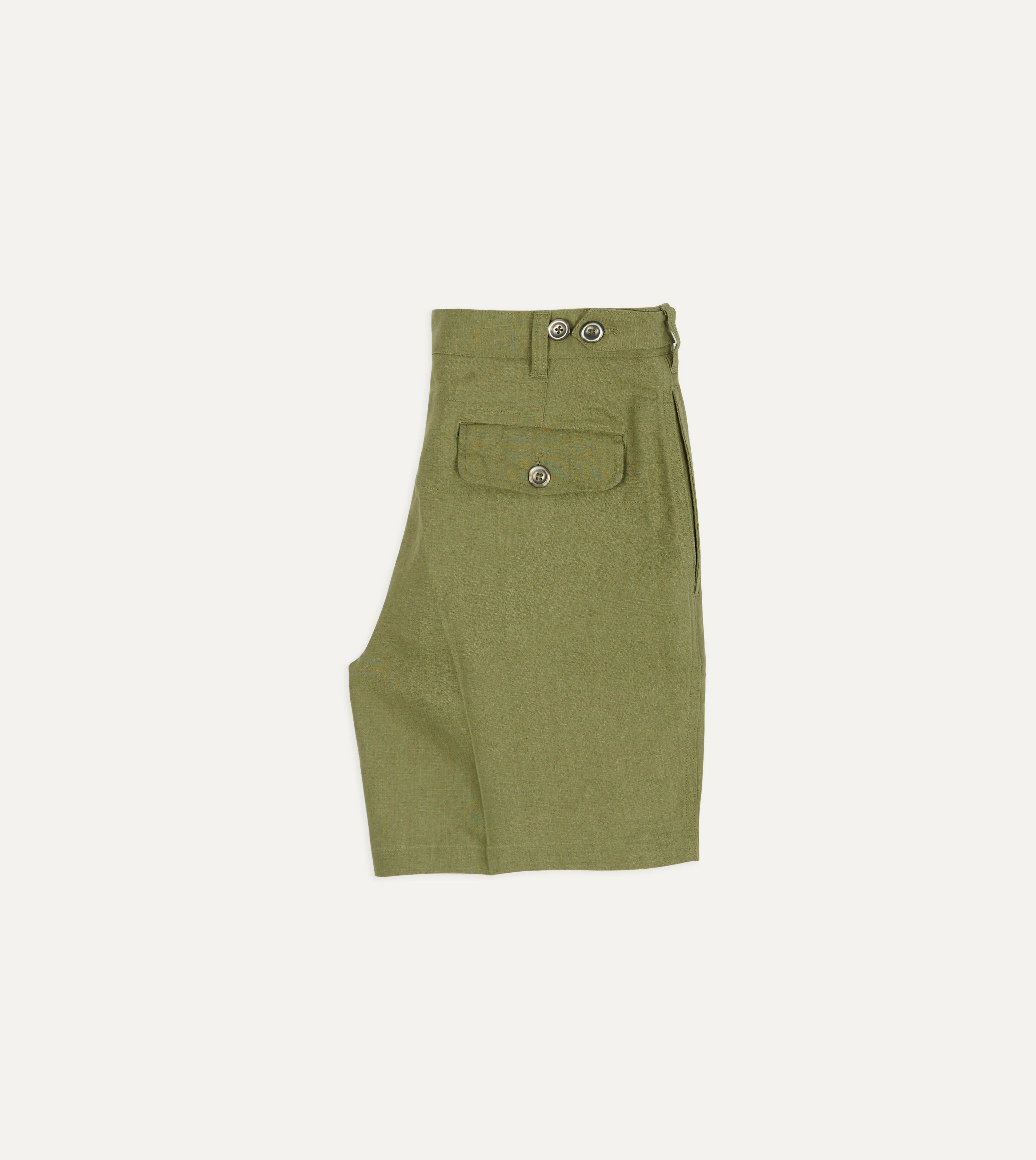 Olive Linen Single-Pleat Shorts